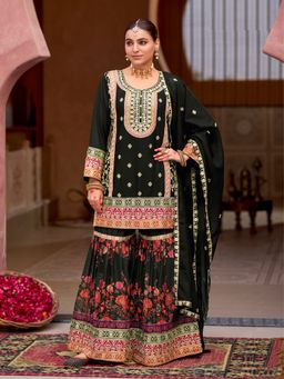 JATRIQQ - Black Chinon Silk Embroidery work with Digital Print Kurta with Sharara and Dupatta