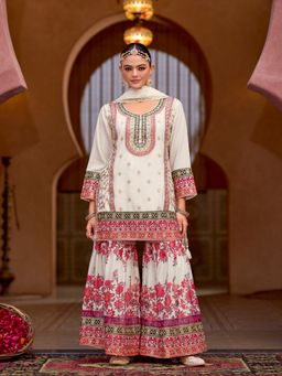 JATRIQQ - White Chinon Silk Embroidery work with Digital Print Kurta with Sharara and Dupatta