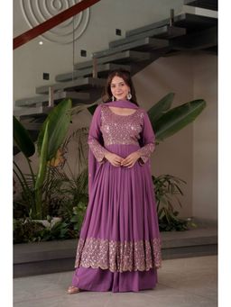 JATRIQQ - Lavender Faux Georgette Embroidered Anarkali Kurta with Sharara and Dupatta
