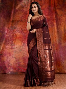 CHARUKRITI - Wine Linen Handwoven Soft Saree with Copper Zari and Unstitched Blouse