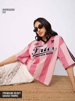 The Souled Store - Pink Stripes Oversized Fit T-Shirt