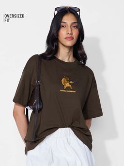 The Souled Store - Brown Embroidered Oversized Fit T-Shirt