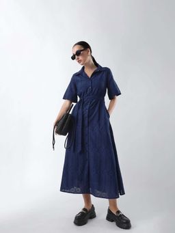 RAREISM - Navy Blue Self Design Midi Fit Dress