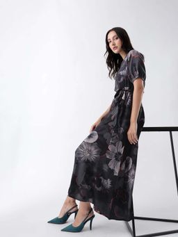 RAREISM - Black Floral Midi Fit Dress and Belt (Set of 2)