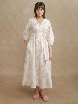 RAREISM - White Floral Midi Fit Dress and Belt (Set of 2)