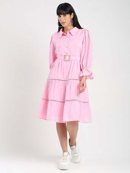 Madame - Pink Solid Knee Length Fit Dress and Belt (Set of 2)