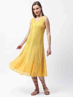 Madame - Mustard Self Design Midi Fit Dress
