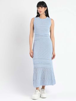 Madame - Blue Self Design Maxi Fit Dress