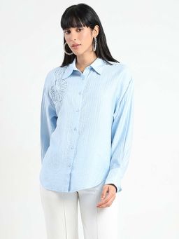 Madame - Blue Embroidered Comfortable Fit Shirt
