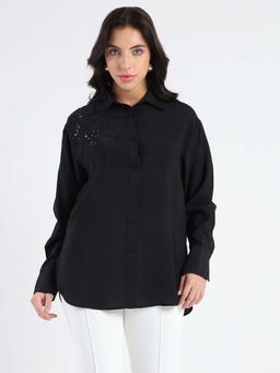 Madame - Black Embroidered Comfortable Fit Shirt