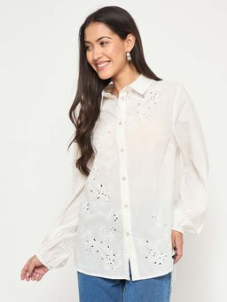Madame - White Embroidered Comfortable Fit Shirt