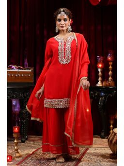 Scakhi - Red Georgette Gota Work Sharara (Set of 3)