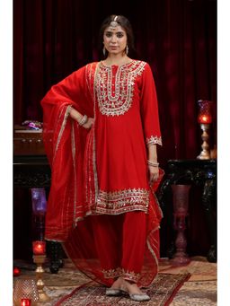 Scakhi - Red Georgette Gota Patti Work Anarkali Set (Set of 3)