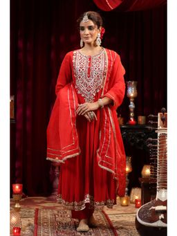 Scakhi - Red Georgette Gota Work Anarkali Set (Set of 3)