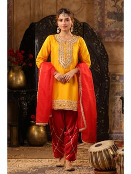 Scakhi - Mustard-Red Dupion Silk Gota Work Suit Set (Set of 3)