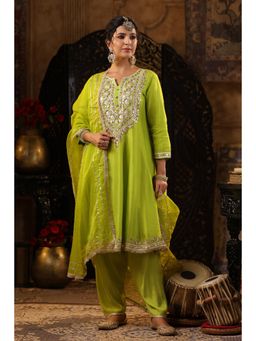 Scakhi - Lime Green Dupion Silk Gota Work Anarkali Set (Set of 3)
