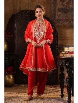Scakhi - Red Dupion Silk Gota Work Anarkali Set (Set of 3)