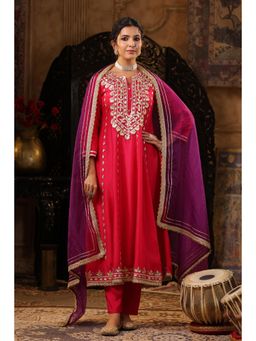 Scakhi - Fuchsia-Purple Dupion Silk Gota Work Anarkali Set (Set of 3)