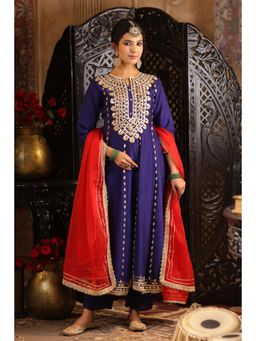 Scakhi - Navy Blue-Red Dupion Silk Gota Work Anarkali Set (Set of 3)