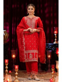 Scakhi - Red Dupion Silk Dori Embroidered Suit Set (Set of 3)