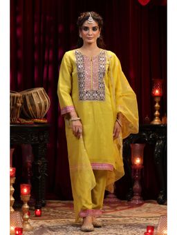 Scakhi - Lime Green Shimmer Organza Dori Embroidered Suit Set (Set of 3)