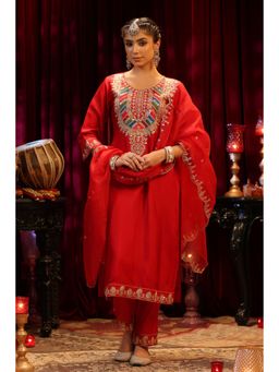 Scakhi - Red Dupion Silk Dori and Sequin Embroidered Suit Set (Set of 3)