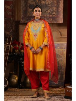 Scakhi - Mustard-Red Dupion Silk Dori Embroidered Anarkali Set (Set of 3)