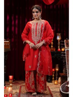 Scakhi - Red Chanderi Silk-Badla Georgette Dori Work Sharara Set (Set of 3)