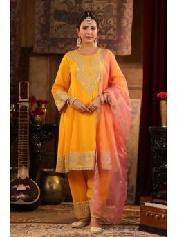 Scakhi - Yellow-Rose Pink Georgette Dori-Gota Work Anarkali Set (Set of 3)