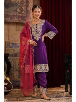 Scakhi - Purple-Fuchsia Georgette Dori-Gota Work Anarkali Set (Set of 3)