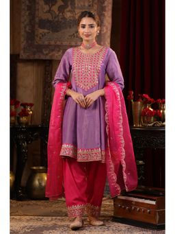 Scakhi - Purple-Fuchsia Shimmer Organza Dori-Gota Work Anarkali Set (Set of 3)