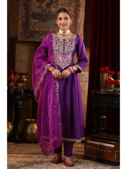 Scakhi - Purple Dupion Silk Dori-Gota Work Anarkali Set (Set of 3)