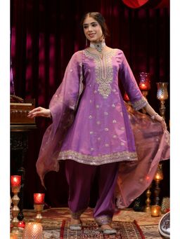 Scakhi - Purple Shimmer Organza Dori Work Anarkali Set (Set of 3)