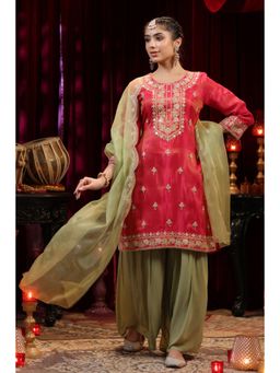 Scakhi - Fuchsia-Sage Green Shimmer Organza Embroidered Sharara Set (Set of 3)