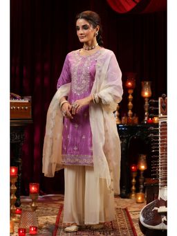 Scakhi - Purple-Ivory Shimmer Organza Embroidered Sharara Set (Set of 3)