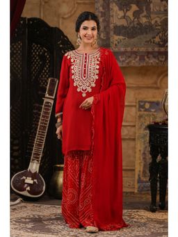 Scakhi - Red Georgette Solid-Bandhan Gota Work Kurta and Sharara with Dupatta (Set of 3)