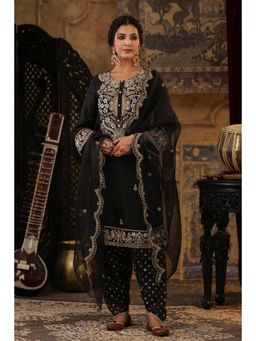 Scakhi - Black Chanderi Silk Dori-Gota Embroidered Kurta and Salwar with Dupatta (Set of 3)