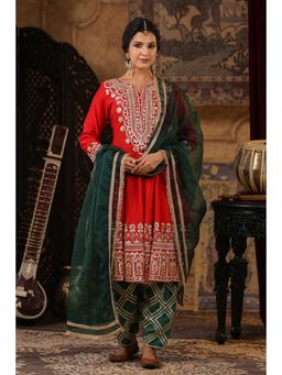 Scakhi - Red Dupion Silk Gota-Dori Work Anarkali and Salwar with Dupatta (Set of 3)
