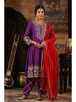 Scakhi - Purple Dupion Silk Gota-Dori Work Anarkali and Salwar with Dupatta (Set of 3)
