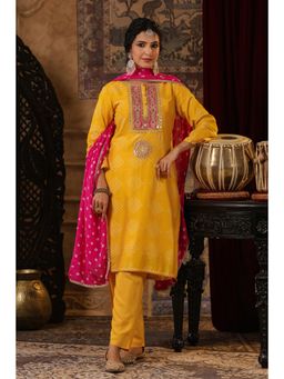 Scakhi - Mustard Bandhan Printed Embroidered Kurta and Pant with Dupatta (Set of 3)