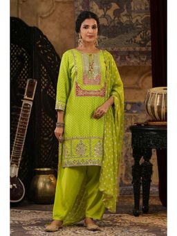 Scakhi - Lime Green Bandhan Printed Embroidered Kurta and Salwar with Dupatta (Set of 3)