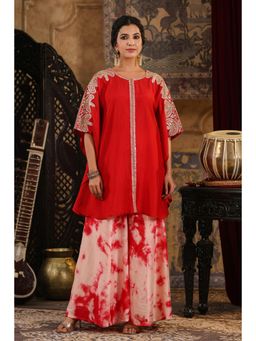 Scakhi - Red Dupion Silk Dori-Gota Work Kaftan and Palazzo (Set of 2)