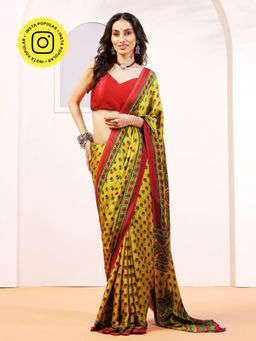 Aditri - Handprinted Ajrakh On Modal Silk Yellow Saree With Running Blouse