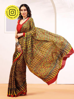 Aditri - Handprinted Ajrakh On Modal Silk Yellow Saree With Running Blouse