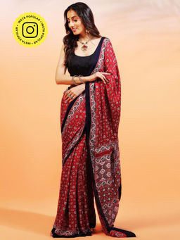 Aditri - Handprinted Ajrakh On Modal Silk Red Saree With Running Blouse