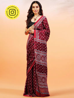 Aditri - Handprinted Ajrakh On Modal Silk Maroon Saree With Running Blouse