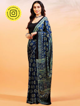 Aditri - Handprinted Ajrakh On Modal Silk Blue Saree With Running Blouse