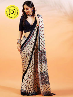Aditri - Handprinted Ajrakh On Modal Silk Cream Saree With Running Blouse