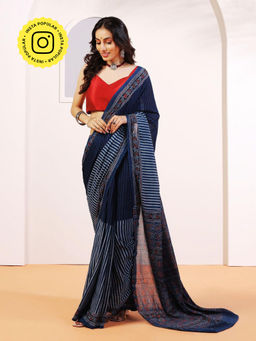 Aditri - Handprinted Ajrakh On Cotton Navy Blue Saree With Running Blouse