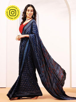 Aditri - Handprinted Ajrakh On Modal Silk Navy Blue Saree With Running Blouse